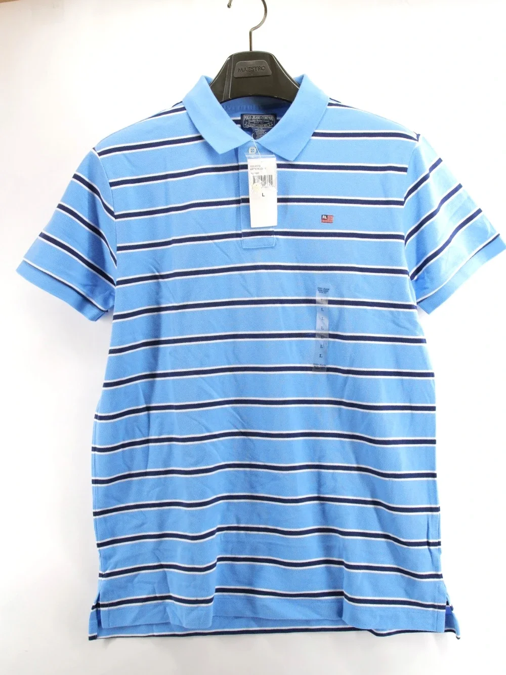 NWT Vintage Polo Jeans Co Ralph Lauren Mens Large Blue Stripe Short Sleeve Polo